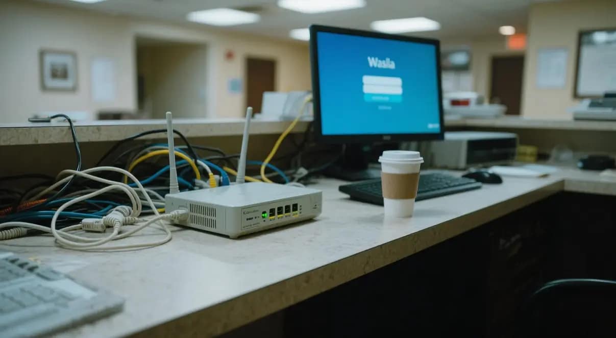 a cluttered hotel lobby desk in Wasilla