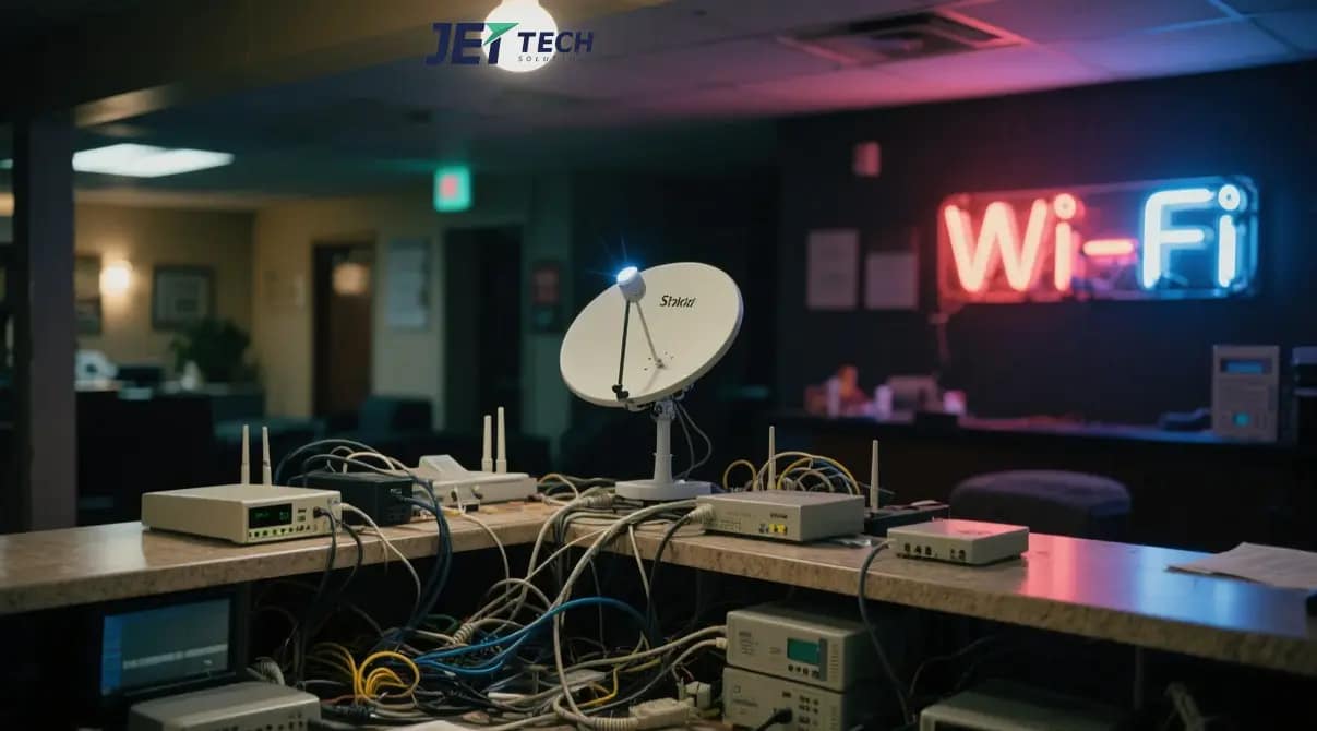 a cluttered hotel lobby desk with a Starlink dish awkwardly placed among outdated routers