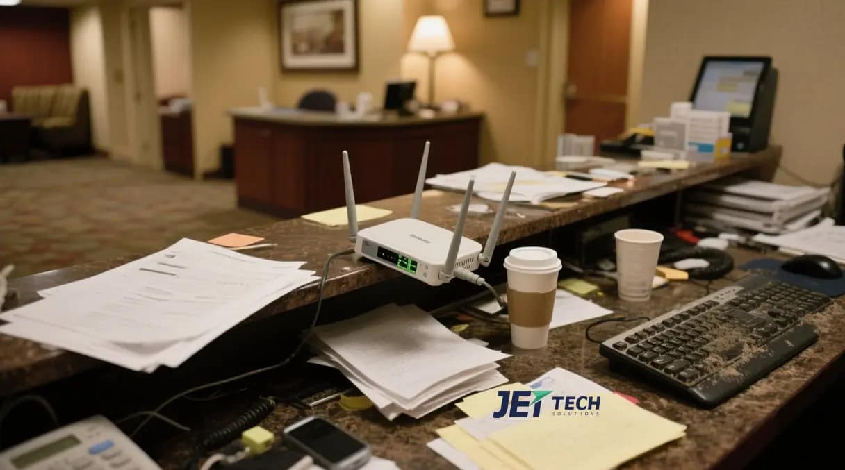 a cluttered hotel lobby desk with a router haphazardly placed among coffee cups