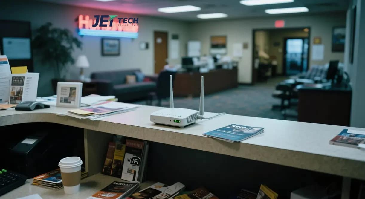 a cluttered hotel lobby in Huntsville, AL, with a WiFi router haphazardly placed on a reception desk