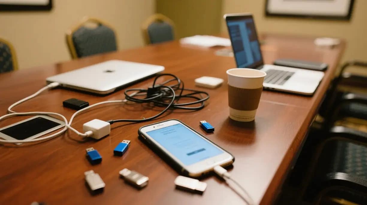 a cluttered hotel conference room table with scattered USB drives