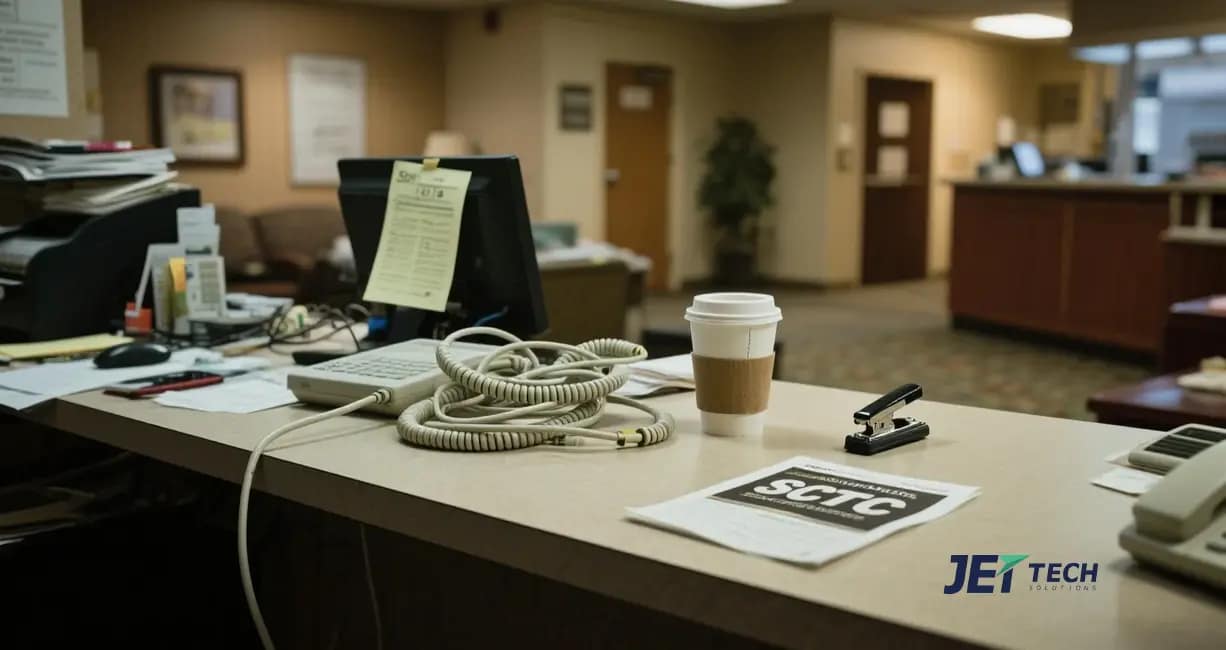 a cluttered hotel lobby desk in Stayton