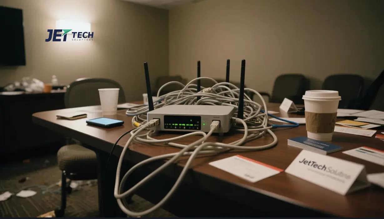 a cluttered hotel conference room in Seattle