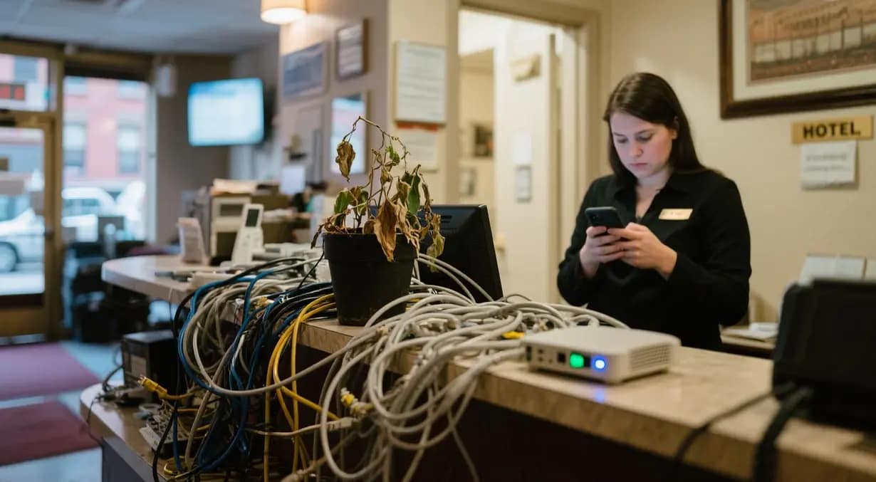 a cluttered hotel front desk in Brooklyn, with a tangled mess of Ethernet cables spilling over a counter