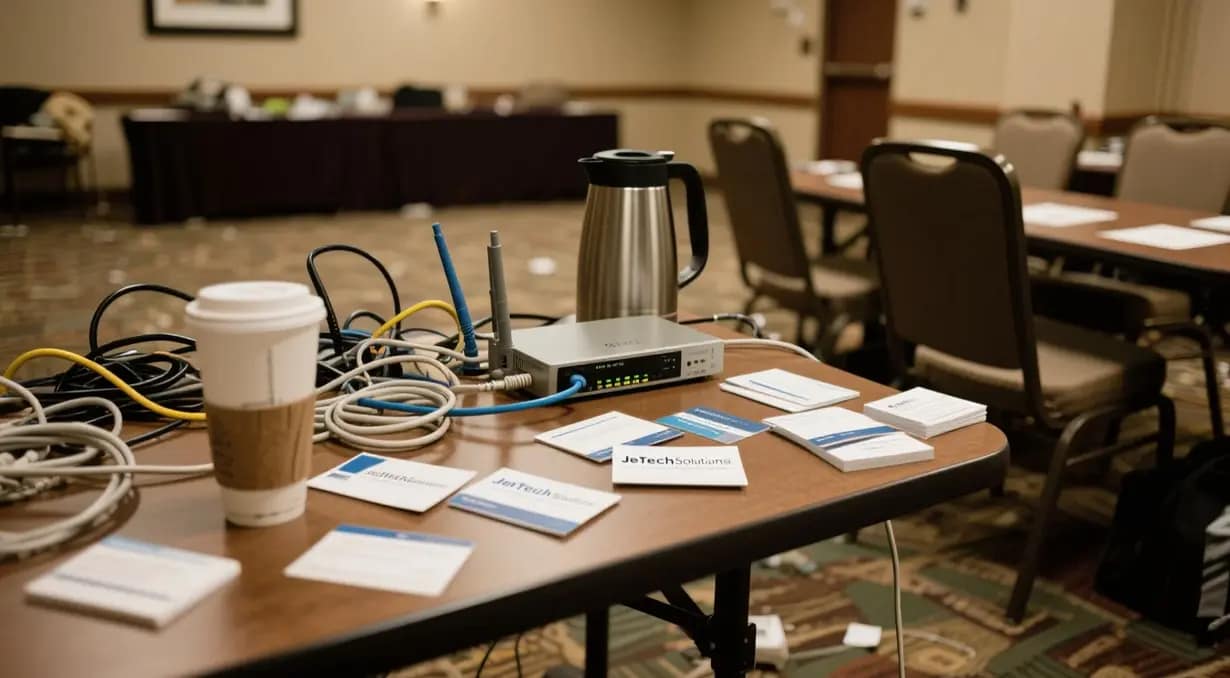 a cluttered hotel conference room in Denver