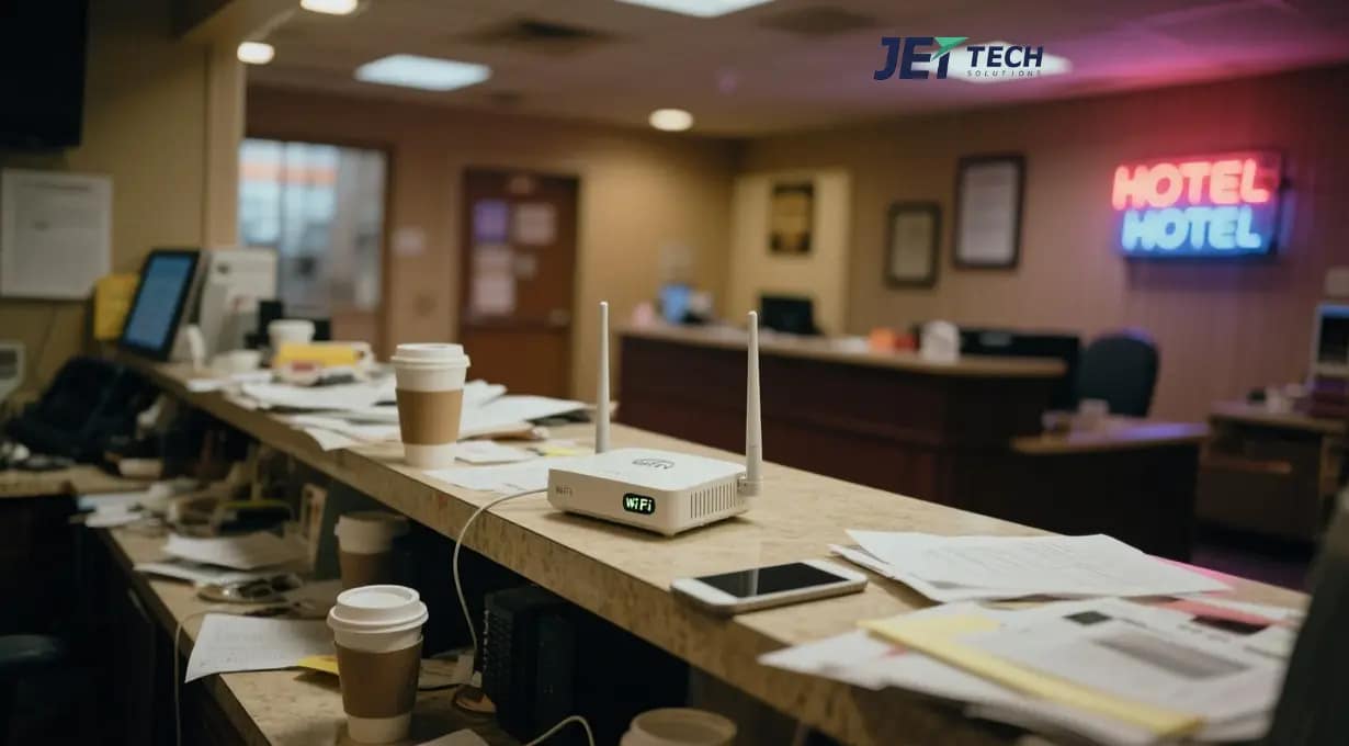 A typical hotel lobby setup, where reliable internet from providers like Beehive Broadband, optimized by JetTechSolutions, can transform operational efficiency