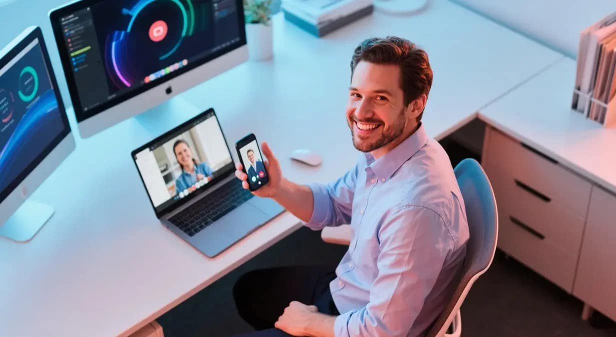 A vibrant photo of a Roseburg business owner at a sleek desk, smiling as they video-call a client on a laptop with a fast-loading screen