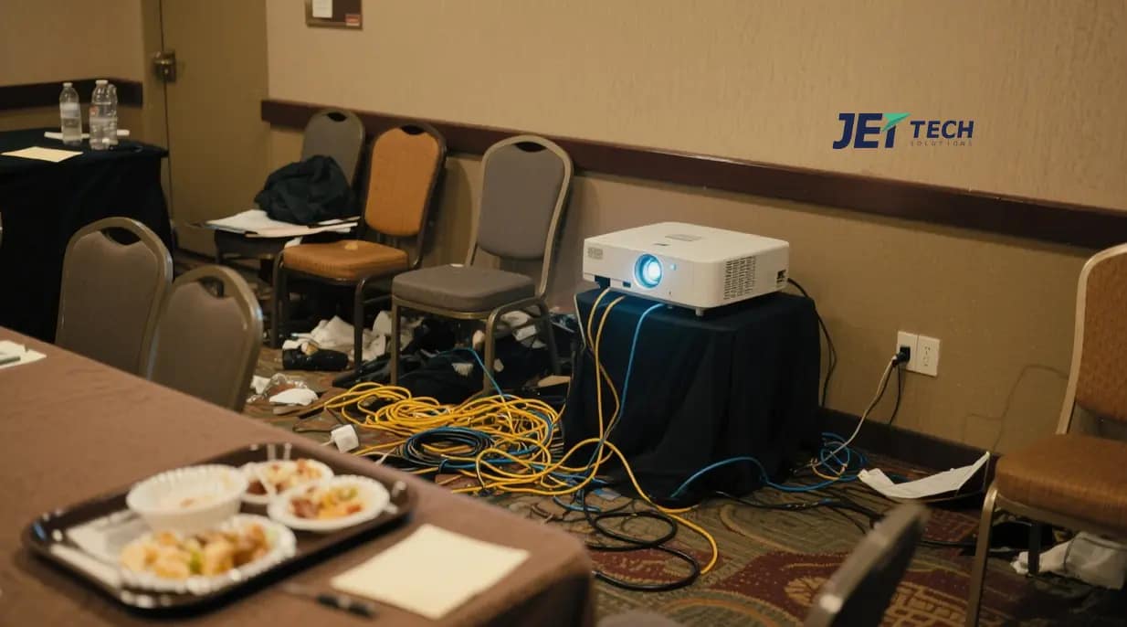 a cluttered hotel conference room with mismatched chairs